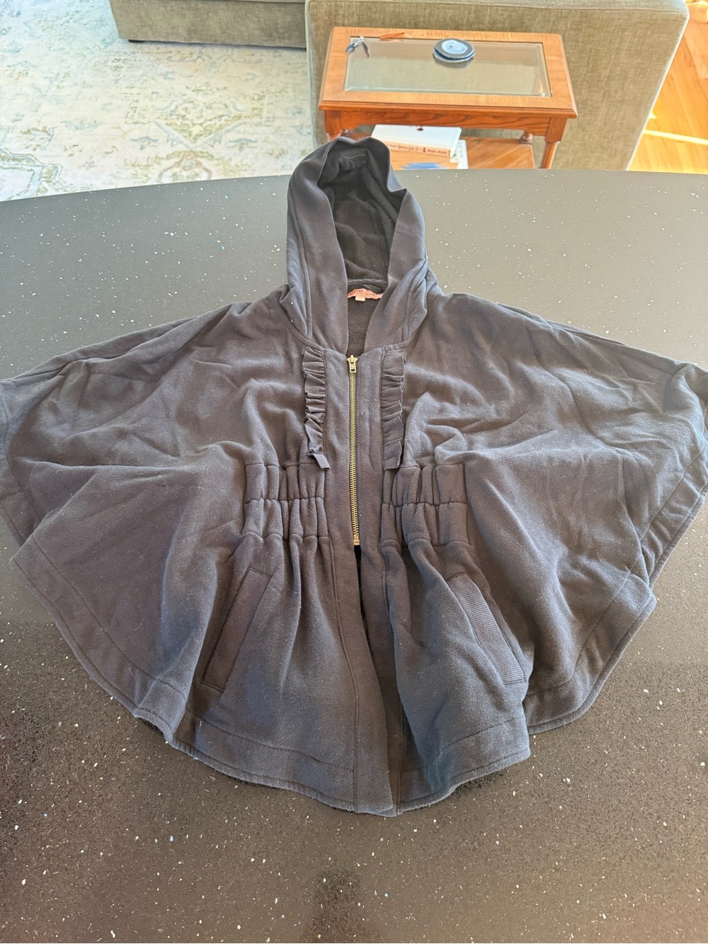 Juicy Couture Black Hooded Zip-Front Poncho Cape